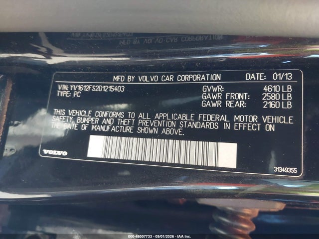 2013 Volvo S60 T5 მანქანა იყიდება აუქციონზე, vin: YV1612FS2D1215403, აუქციონის ნომერი: 46007733