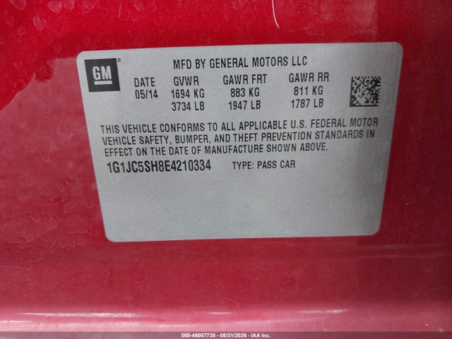 Продажа на аукционе авто 2014 Chevrolet Sonic Lt Auto, vin: 1G1JC5SH8E4210334, номер лота: 46007738