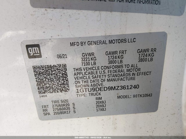 46007743 :رقم المزاد ، 1GTU9DED9MZ361240 vin ، 2021 Gmc Sierra 1500 4wd  Short Box Slt مزاد بيع