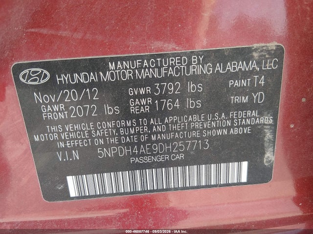 Продаж на аукціоні авто 2013 Hyundai Elantra Gls, vin: 5NPDH4AE9DH257713, номер лоту: 46007746