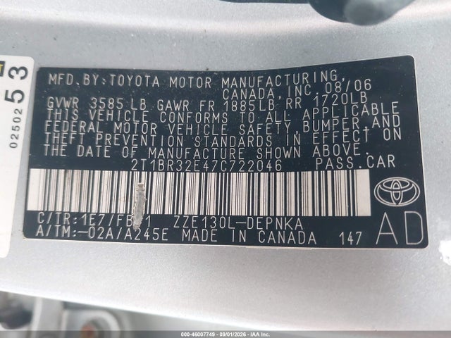 Продаж на аукціоні авто 2007 Toyota Corolla Le, vin: 2T1BR32E47C722046, номер лоту: 46007749