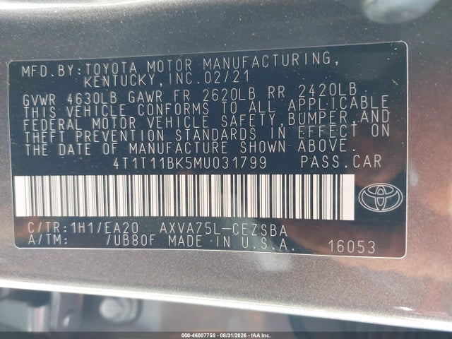 Продажа на аукционе авто 2021 Toyota Camry Se Awd, vin: 4T1T11BK5MU031799, номер лота: 46007758
