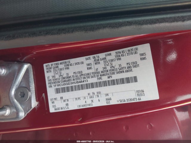 46007760 :رقم المزاد ، 1FMCU0GD3HUB48413 vin ، 2017 Ford Escape Se مزاد بيع
