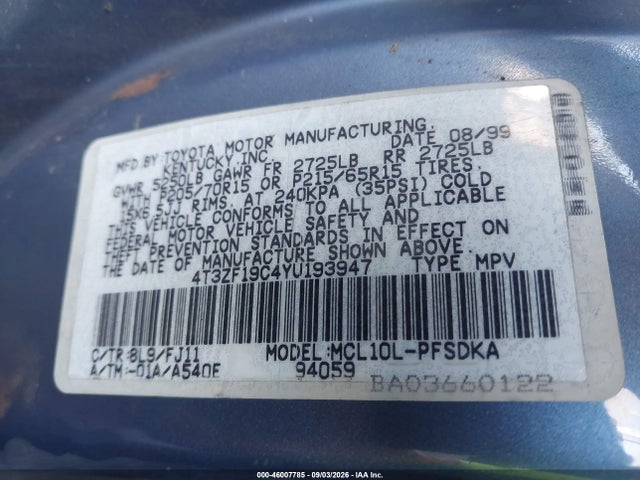 2000 Toyota Sienna Ce მანქანა იყიდება აუქციონზე, vin: 4T3ZF19C4YU193947, აუქციონის ნომერი: 46007785