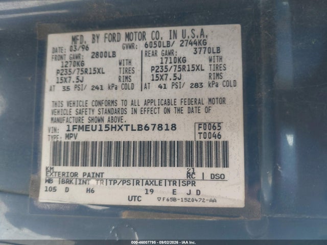 1996 Ford Bronco U100 მანქანა იყიდება აუქციონზე, vin: 1FMEU15HXTLB67818, აუქციონის ნომერი: 46007795