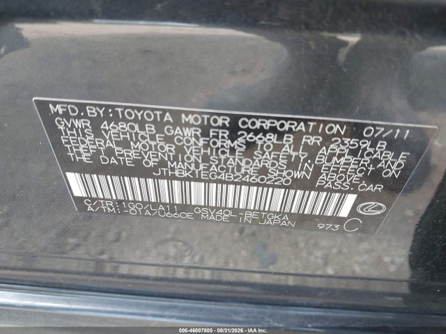 Aukcja sprzedaży 2011 Lexus Es 350, vin: JTHBK1EG4B2460220, numer aukcji: 46007800