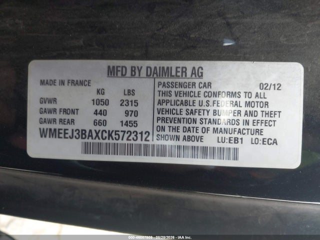 Aukcja sprzedaży 2012 Smart Fortwo Pure, vin: WMEEJ3BAXCK572312, numer aukcji: 46007809