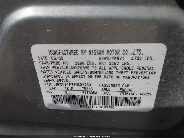 46007814 :رقم المزاد ، JNKCV51F76M602750 vin ، 2006 Infiniti G35x مزاد بيع