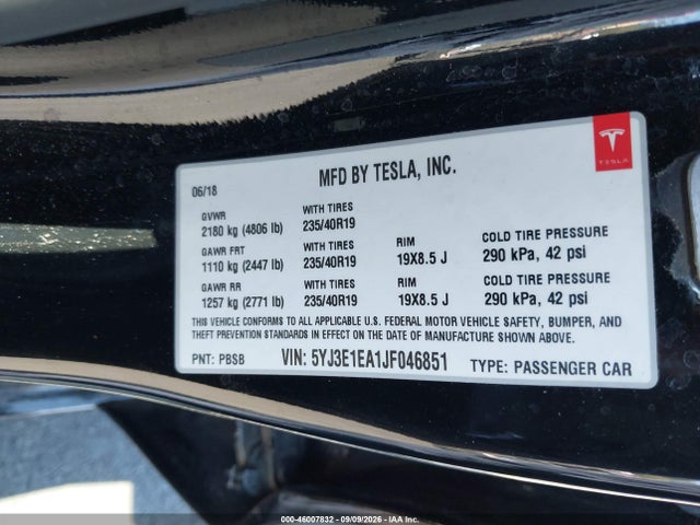 Продаж на аукціоні авто 2018 Tesla Model 3 Long Range/mid Range, vin: 5YJ3E1EA1JF046851, номер лоту: 46007832