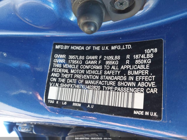 Aukcja sprzedaży 2019 Honda Civic Ex, vin: SHHFK7H67KU402820, numer aukcji: 46007844