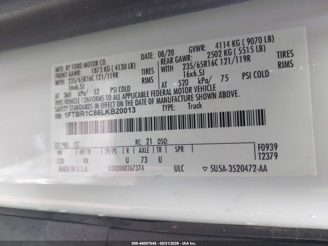 Продаж на аукціоні авто 2020 Ford Transit-250, vin: 1FTBR1C86LKB20013, номер лоту: 46007848