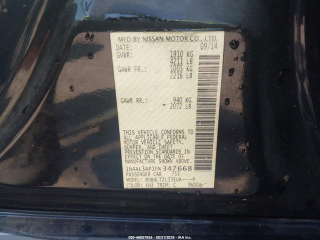 46007854 :رقم المزاد ، 1N4AL3AP1FN347668 vin ، 2015 Nissan Altima 2.5 Sl مزاد بيع