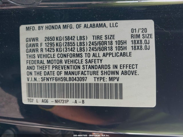 2020 Honda Pilot Awd Ex-l მანქანა იყიდება აუქციონზე, vin: 5FNYF6H59LB043097, აუქციონის ნომერი: 46007855