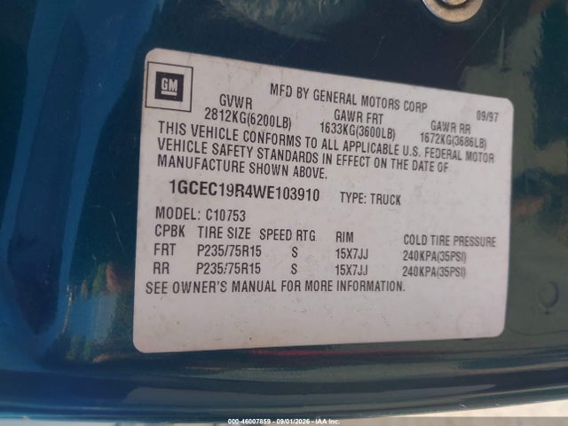 46007859 :رقم المزاد ، 1GCEC19R4WE103910 vin ، 1998 Chevrolet C1500 Fleetside مزاد بيع
