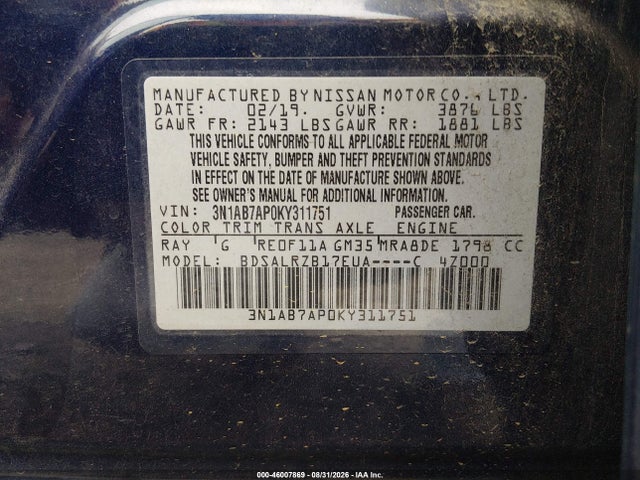 46007869 :رقم المزاد ، 3N1AB7AP0KY311751 vin ، 2019 Nissan Sentra Sr مزاد بيع