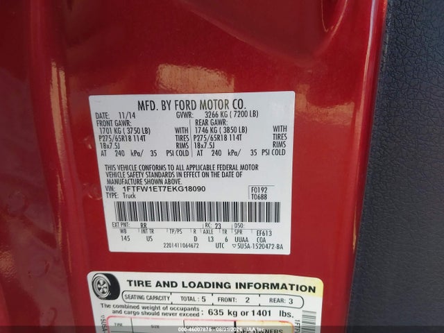 2014 Ford F-150 Xlt მანქანა იყიდება აუქციონზე, vin: 1FTFW1ET7EKG18090, აუქციონის ნომერი: 46007875