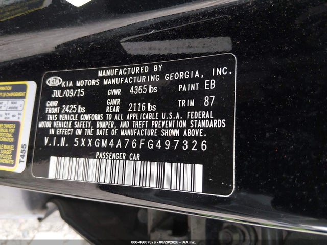46007876 :رقم المزاد ، 5XXGM4A76FG497326 vin ، 2015 Kia Optima Lx مزاد بيع