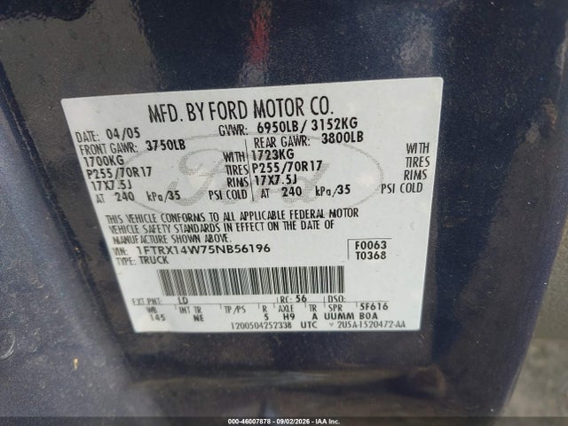 2005 Ford F-150 Stx/xl/xlt მანქანა იყიდება აუქციონზე, vin: 1FTRX14W75NB56196, აუქციონის ნომერი: 46007878