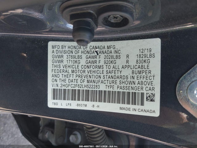 Honda Civic Lx 2020 2HGFC2F62LH522283 Image 9