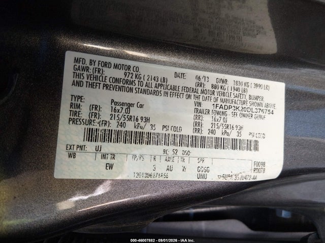 46007882 :رقم المزاد ، 1FADP3K20DL376754 vin ، 2013 Ford Focus Se مزاد بيع
