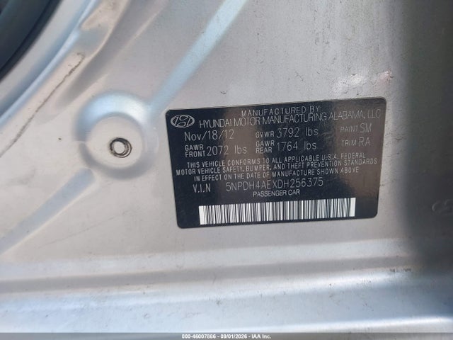 2013 Hyundai Elantra Gls მანქანა იყიდება აუქციონზე, vin: 5NPDH4AEXDH256375, აუქციონის ნომერი: 46007886