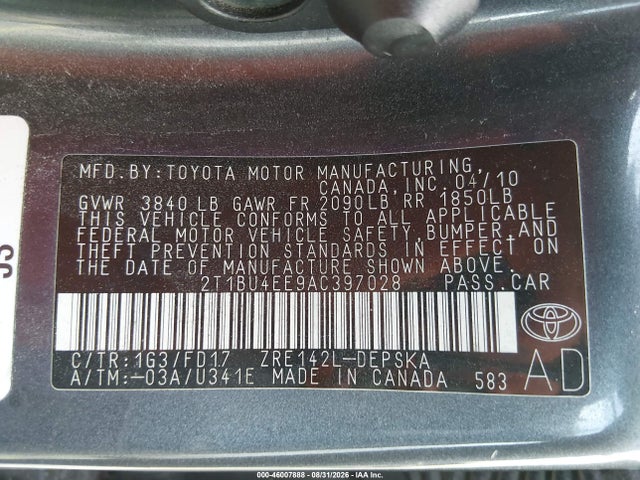 Продажа на аукционе авто 2010 Toyota Corolla S, vin: 2T1BU4EE9AC397028, номер лота: 46007888