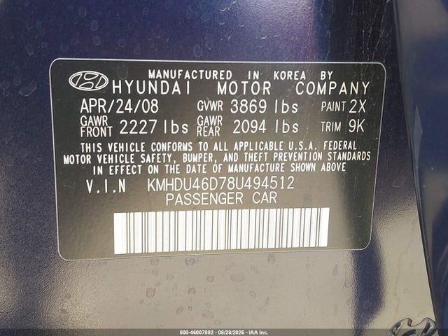 2008 Hyundai Elantra Gls/se მანქანა იყიდება აუქციონზე, vin: KMHDU46D78U494512, აუქციონის ნომერი: 46007892