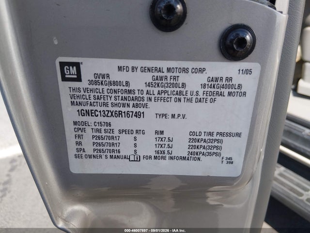 2006 Chevrolet Tahoe Lt მანქანა იყიდება აუქციონზე, vin: 1GNEC13ZX6R167491, აუქციონის ნომერი: 46007897