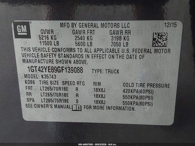 46007900 :رقم المزاد ، 1GT42YE89GF139088 vin ، 2016 Gmc Sierra 3500hd Denali مزاد بيع