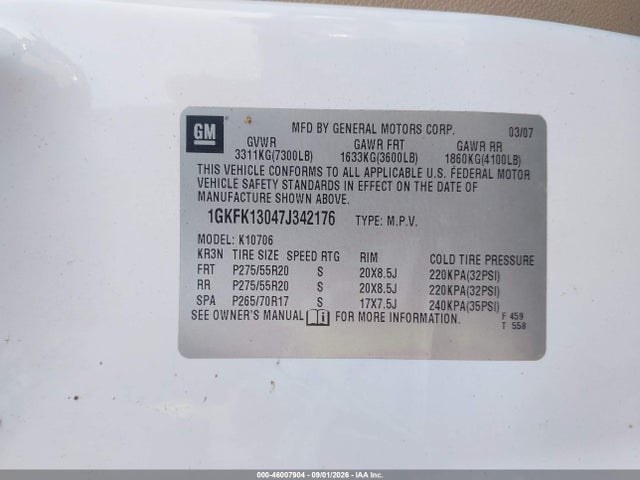 46007904 :رقم المزاد ، 1GKFK13047J342176 vin ، 2007 Gmc Yukon Slt مزاد بيع
