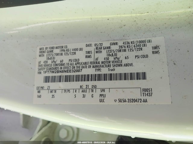 Aukcja sprzedaży 2022 Ford F-250 Xlt, vin: 1FT7W2BN8NEE32007, numer aukcji: 46007918