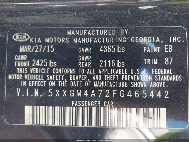 Aukcja sprzedaży 2015 Kia Optima Lx, vin: 5XXGM4A72FG465442, numer aukcji: 46007922