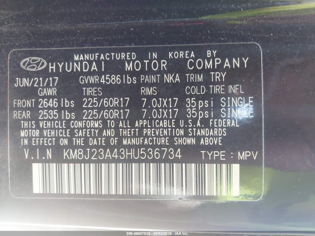 Продажа на аукционе авто 2017 Hyundai Tucson Se, vin: KM8J23A43HU536734, номер лота: 46007929