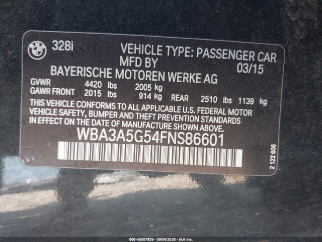 Продаж на аукціоні авто 2015 Bmw 3 Series 328i, vin: WBA3A5G54FNS86601, номер лоту: 46007939