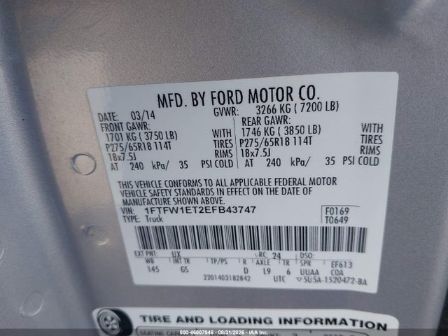 Продаж на аукціоні авто 2014 Ford F-150 Xlt, vin: 1FTFW1ET2EFB43747, номер лоту: 46007946