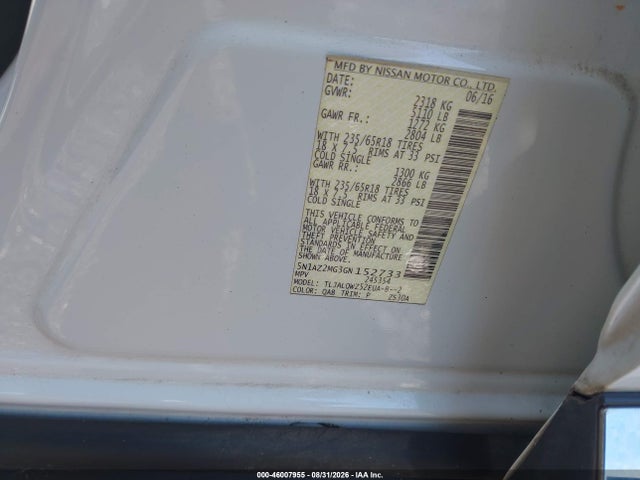 2016 Nissan Murano Sv მანქანა იყიდება აუქციონზე, vin: 5N1AZ2MG3GN152733, აუქციონის ნომერი: 46007955