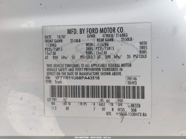 46007966 :رقم المزاد ، 1FTYR11U68PA43518 vin ، 2008 Ford Ranger Sport/xl/xlt مزاد بيع