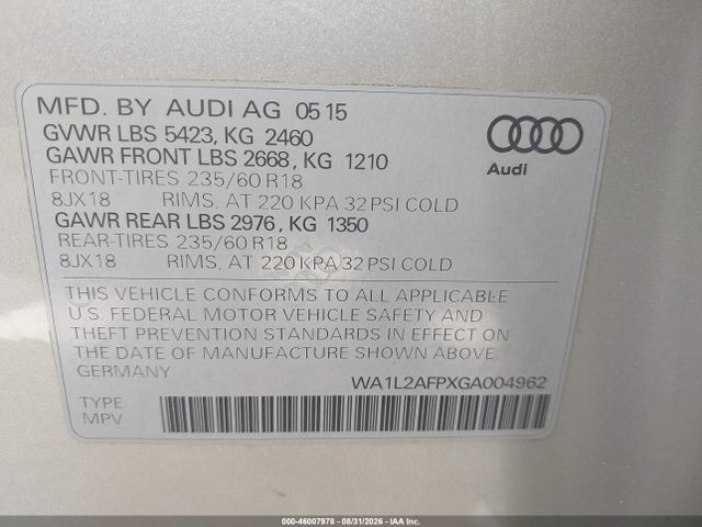 Aukcja sprzedaży 2016 Audi Q5 2.0t Premium, vin: WA1L2AFPXGA004962, numer aukcji: 46007978