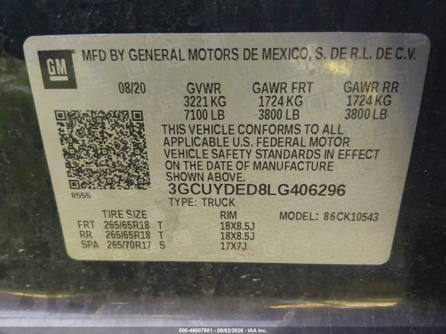 Продажа на аукционе авто 2020 Chevrolet Silverado 1500 4wd  Short Bed Lt, vin: 3GCUYDED8LG406296, номер лота: 46007981