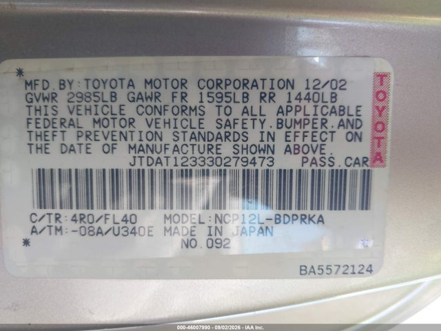 2003 Toyota Echo მანქანა იყიდება აუქციონზე, vin: JTDAT123330279473, აუქციონის ნომერი: 46007990