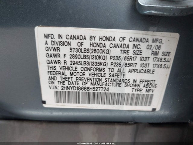 Aukcja sprzedaży 2006 Acura Mdx, vin: 2HNYD18666H527724, numer aukcji: 46007998