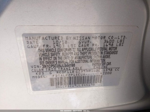 46008000 :رقم المزاد ، 3N1CP5CU9JL544198 vin ، 2018 Nissan Kicks S مزاد بيع