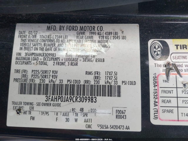 46008001 :رقم المزاد ، 3FAHP0JA9CR309983 vin ، 2012 Ford Fusion Sel مزاد بيع