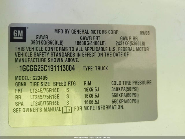 Aukcja sprzedaży 2009 Chevrolet Express 2500 Work Van, vin: 1GCGG25C191113004, numer aukcji: 46008005