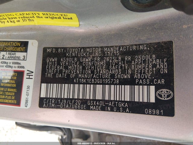 46008013 :رقم المزاد ، 4T1BK1EB3GU195738 vin ، 2016 Toyota Avalon Xle Plus مزاد بيع