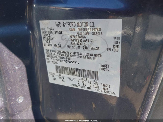 Продажа на аукционе авто 2005 Ford F-150 Lariat/xlt, vin: 1FTPW12535FA54912, номер лота: 46008014