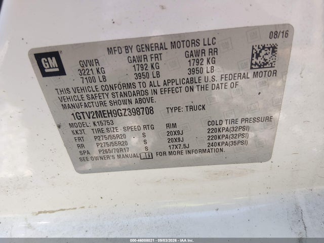 Auction sale of the 2016 Gmc Sierra 1500 Sle, vin: 1GTV2MEH9GZ398708, lot number: 46008021