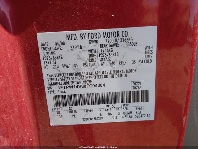 Aukcja sprzedaży 2008 Ford F-150 Xlt, vin: 1FTPW14V88FC04384, numer aukcji: 46008055