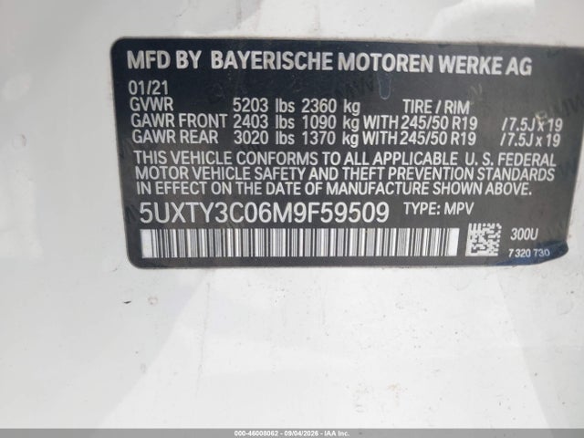 Aukcja sprzedaży 2021 Bmw X3 Sdrive30i, vin: 5UXTY3C06M9F59509, numer aukcji: 46008062