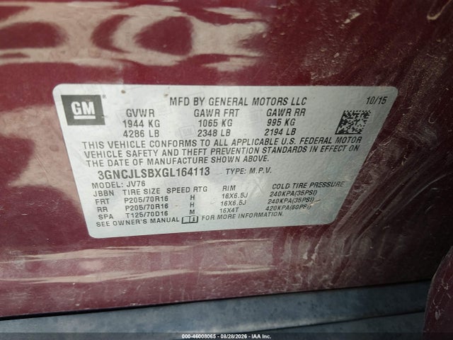 Chevrolet Trax Lt 2016 3GNCJLSBXGL164113 Image 9